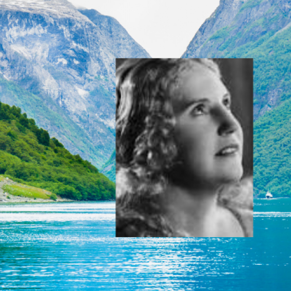 A Norwegian Fjord with image of opera singer Kirsten Flagstad overlaid looking to the right