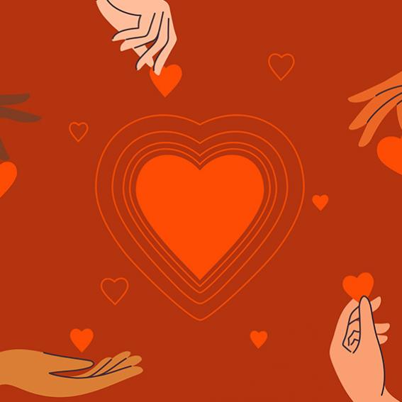 Animated image of hearts surrounded by hands of different ethnicity