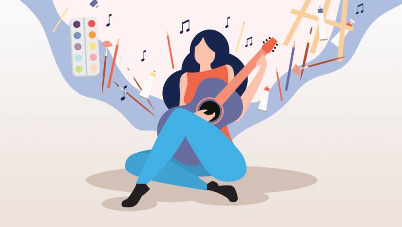 Woman playing guitar Woman playing guitar with creative elements flying around her.