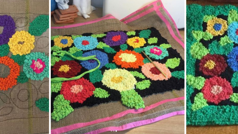 Proddy rug in progress by participant, Janine Dawson Proddy rug example