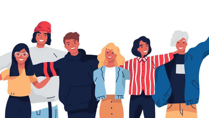 Group portrait of smiling teenage boys and girls or school friends standing together