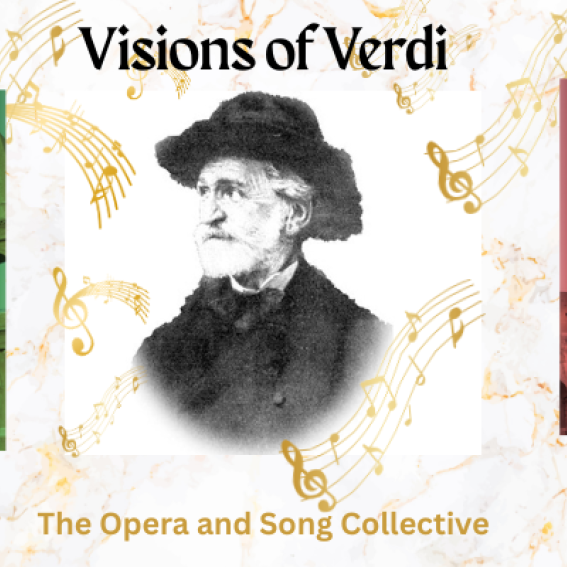 Portrait of Giuseppe Verdi with gold treble clef and music scrolls