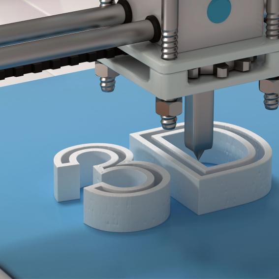 3D printing on a blue background.