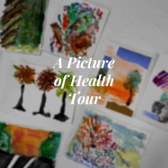 A Picture of Health text over a blurred image of paintings