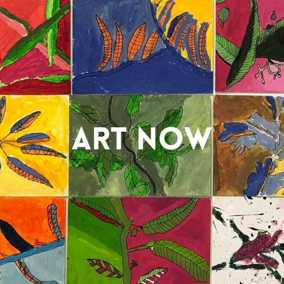Art Now with grid of leafy artworks as background
