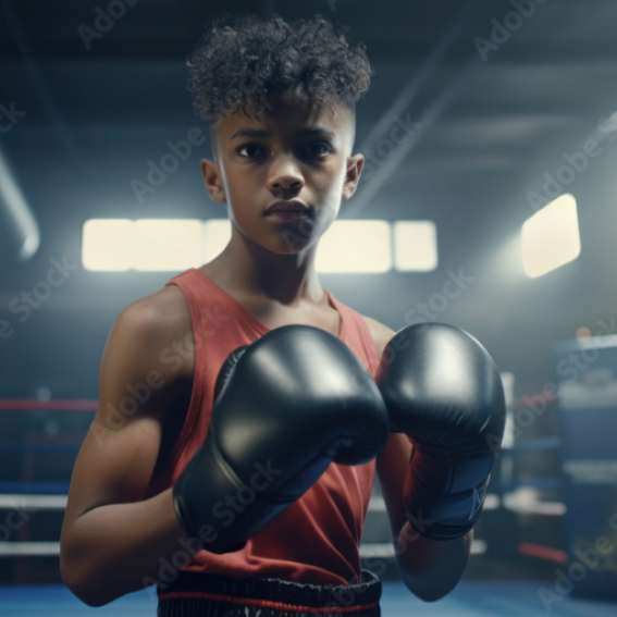 Young person holding up boxing gloves.