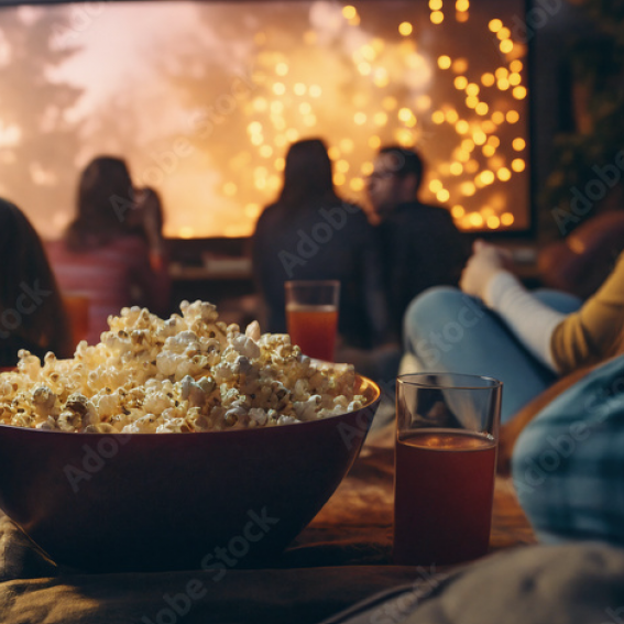 Young people sitting back, ready to watch a movie with popcorn