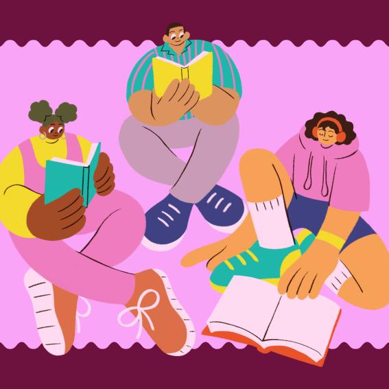 Cartoon young people reading together.