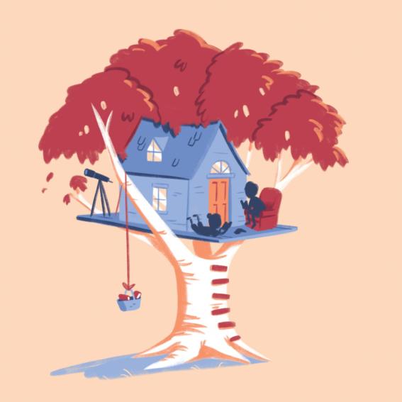 Cartoon treehouse with children reading inside.