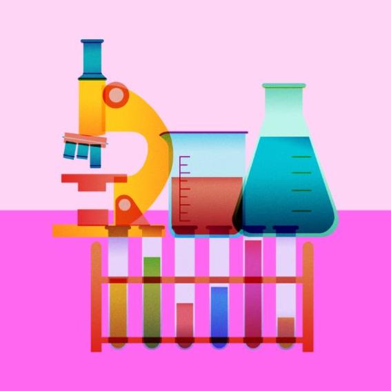 Graphic of beakers and other science tubes.