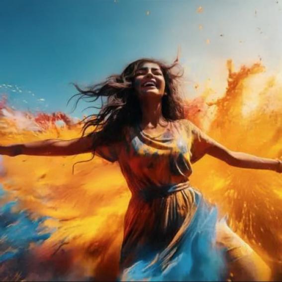 A woman bursting through a cloud of coloured paint