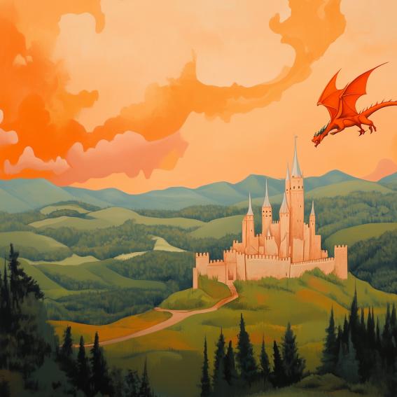 A red dragon flying over a castle set in a beautiful green landscape.