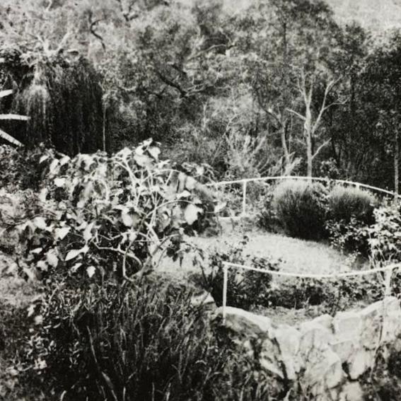 Old black and white photo of Ethel Turner standing in her garden.