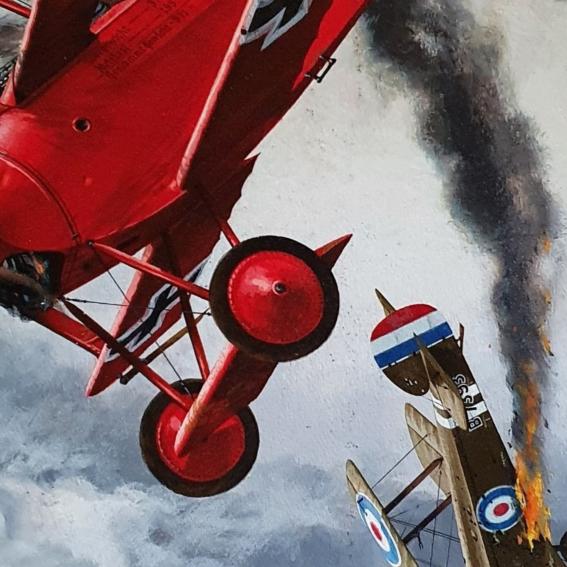 Painting of the Red Baron in an aeroplane battle