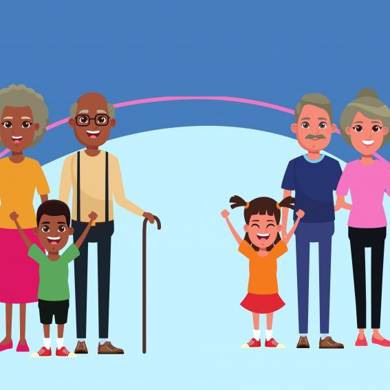 Graphics of two families with grandparents and grandchildren.