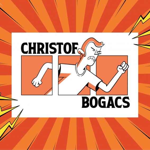 Cristof Bogacs logo with an orange background and yellow lightening stripes.