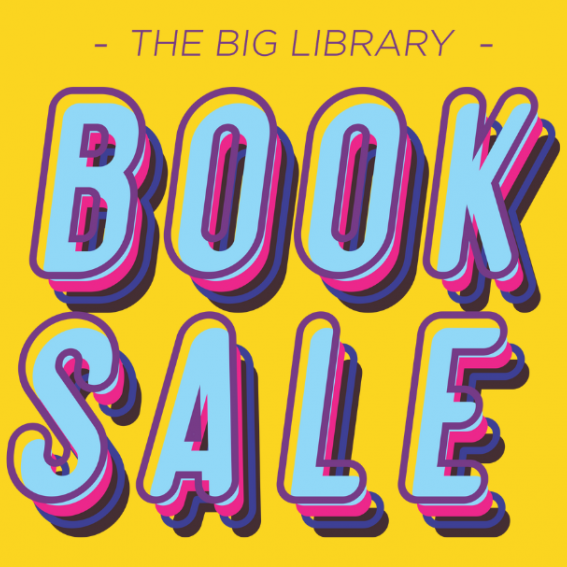 Yellow background with purple and blue text saying the big library book sale