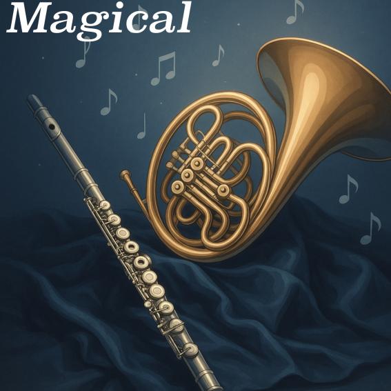 A flute and a horn with musical notes