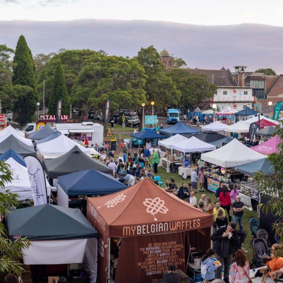 Market Stalls and patrons on Mosman Village Green