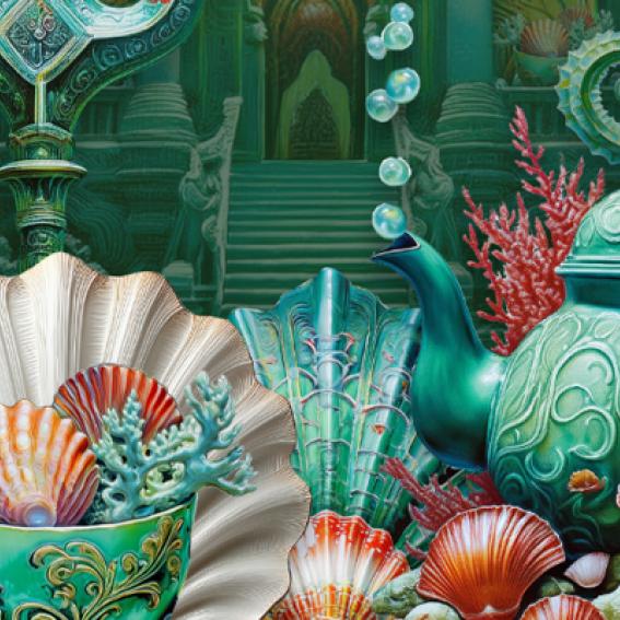Shell incrusted underwater teaset