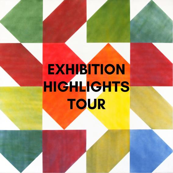 Exhibition Highlights tour text over a colourful artwork