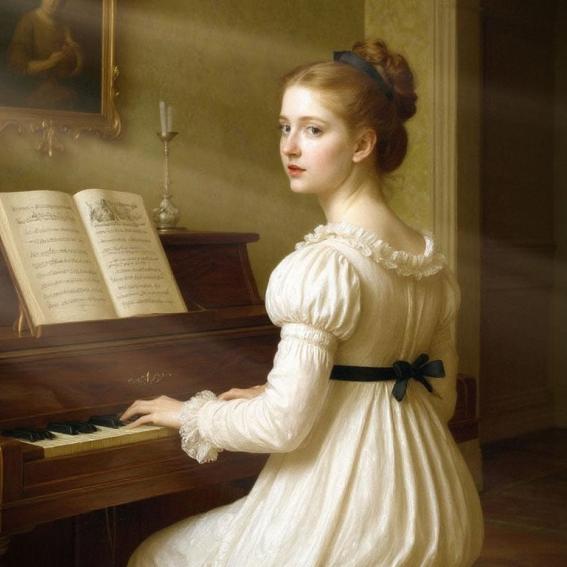 A woman in recency dress sitting at the pianoforte looks toward the audience while playing