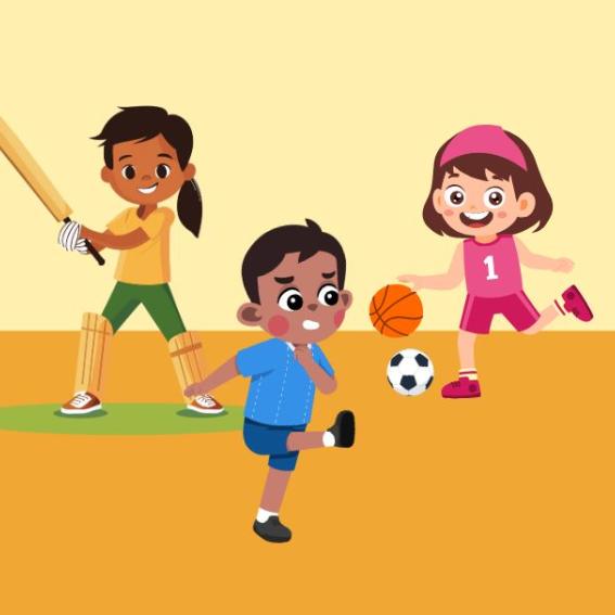 Three children playing different ball sports.