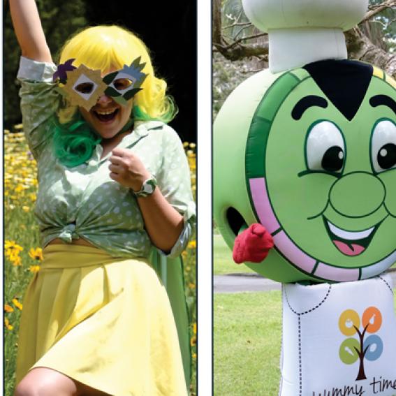1 cartoon character and 2 women performers