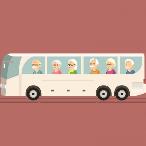 Cartoon image of bus with elderly passengers