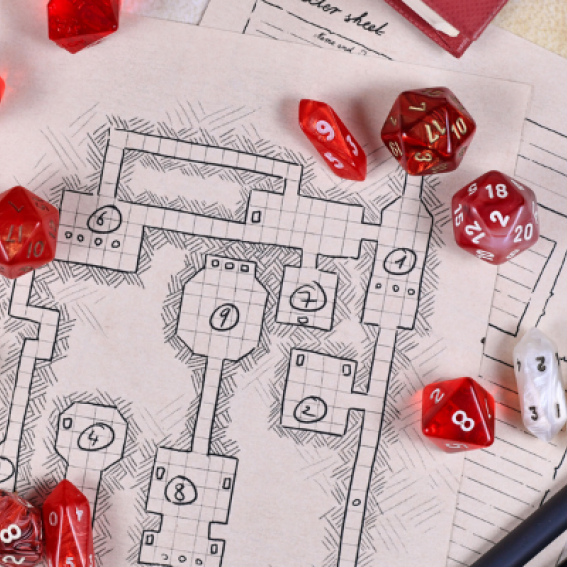 A dungeons and dragons board game with dice