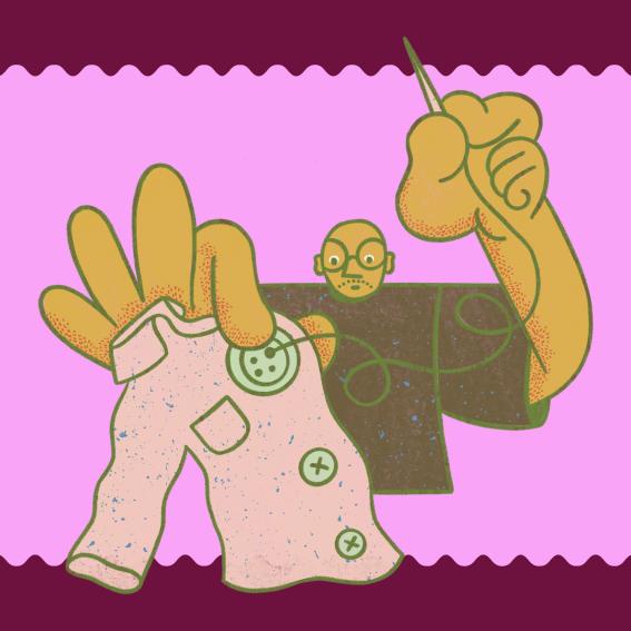 Graphic of a man sewing a jacket.