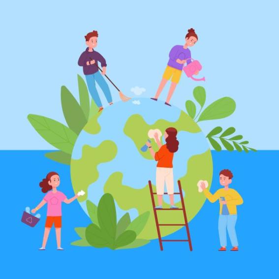 A graphic of children tidying up the earth.