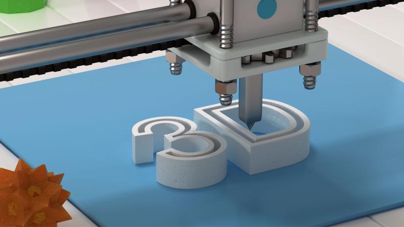 3D printing on a blue background.