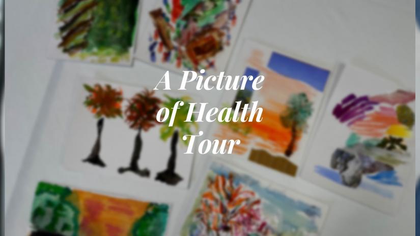 A Picture of Health text over a blurred image of paintings