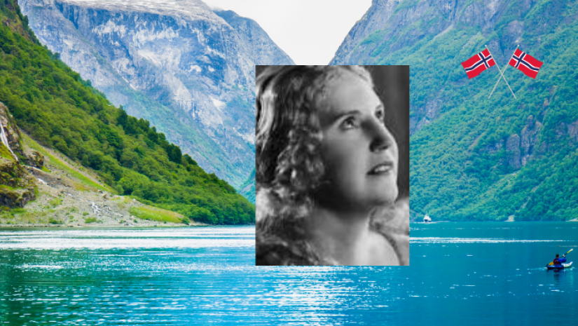 A Norwegian Fjord with image of opera singer Kirsten Flagstad overlaid looking to the right