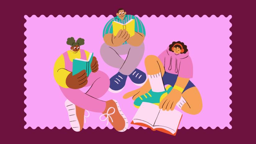 Cartoon young people reading together.