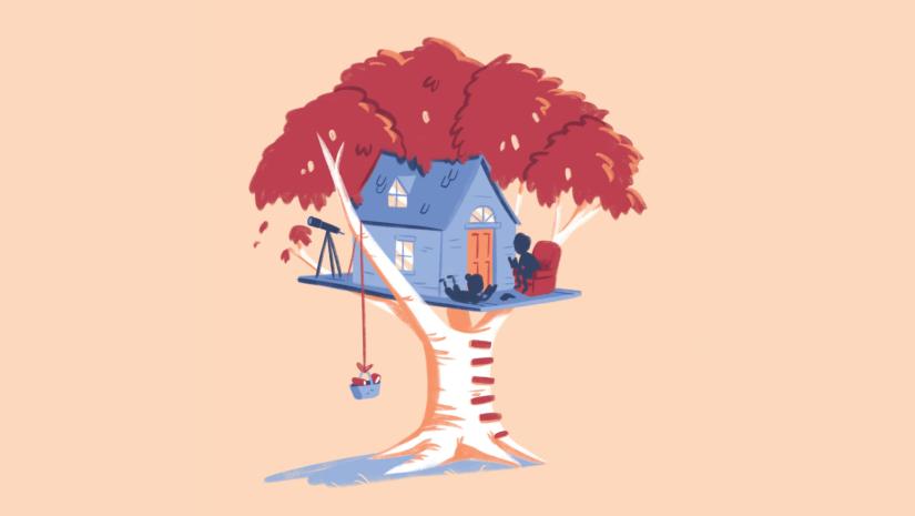 Cartoon treehouse with children reading inside.