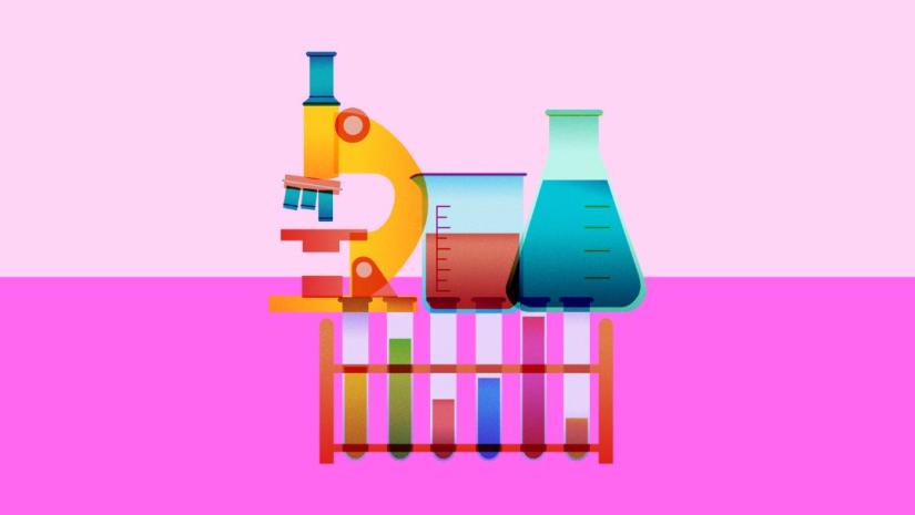 Graphic of beakers and other science tubes.