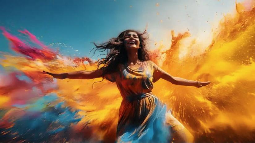 A woman bursting through a cloud of coloured paint