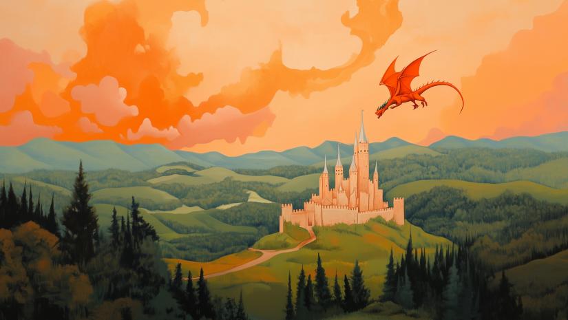 A red dragon flying over a castle set in a beautiful green landscape.