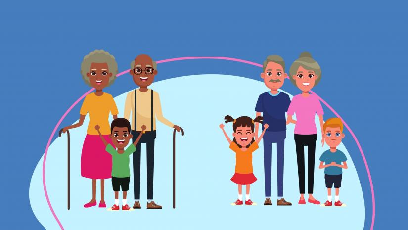 Graphics of two families with grandparents and grandchildren.