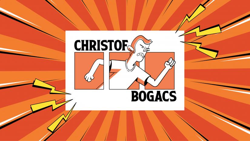 Cristof Bogacs logo with an orange background and yellow lightening stripes.