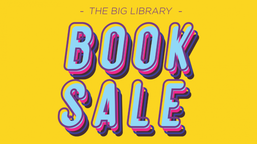 Yellow background with purple and blue text saying the big library book sale