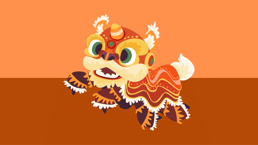 Cartoon red and orange Chinese dragon with an orange background.