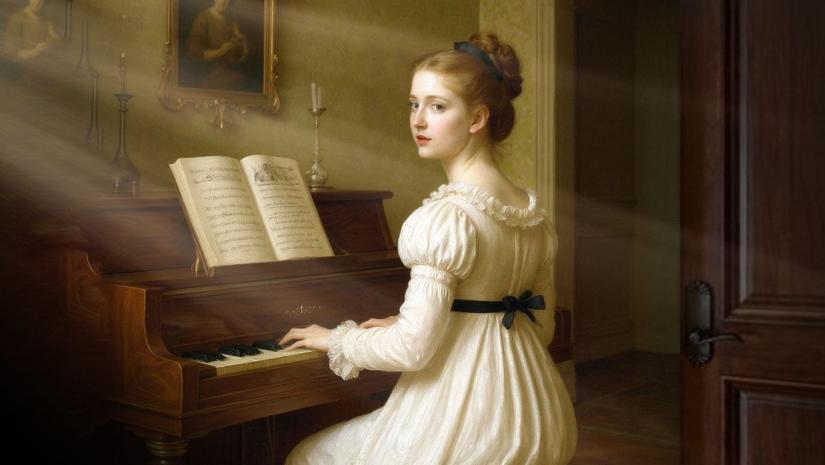 A woman in recency dress sitting at the pianoforte looks toward the audience while playing
