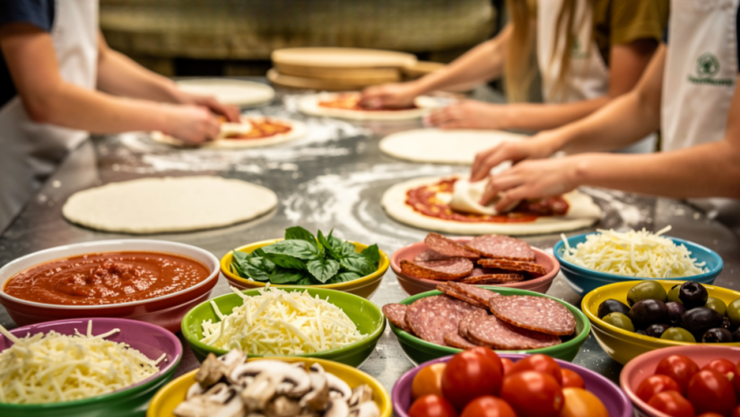 Making pizzas with fresh ingredients