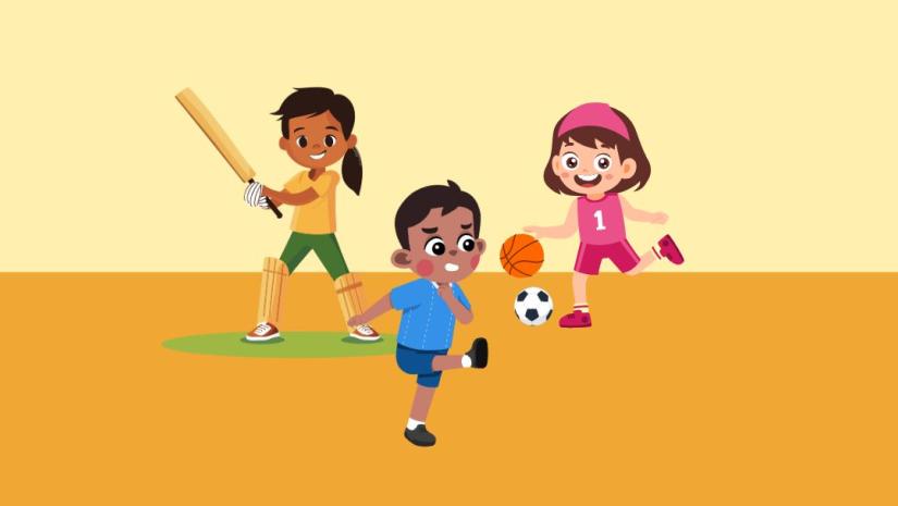 Three children playing different ball sports.