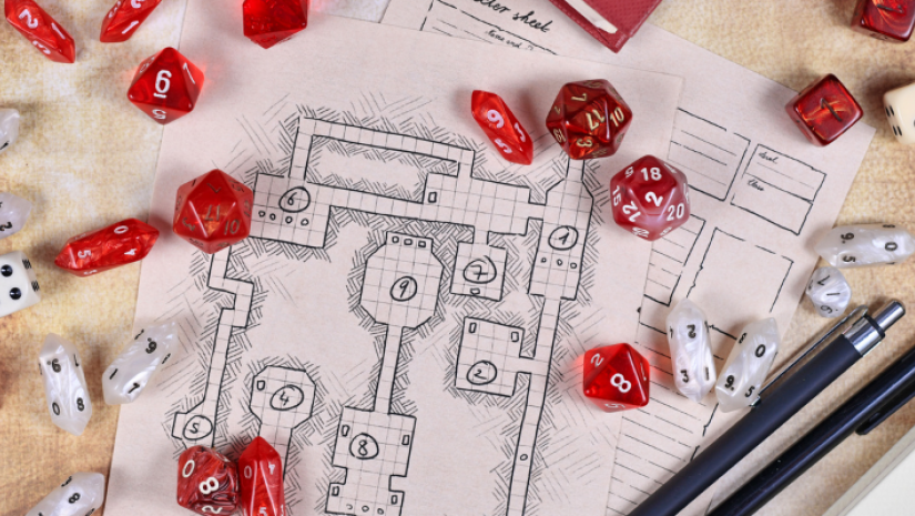 A dungeons and dragons board game with dice