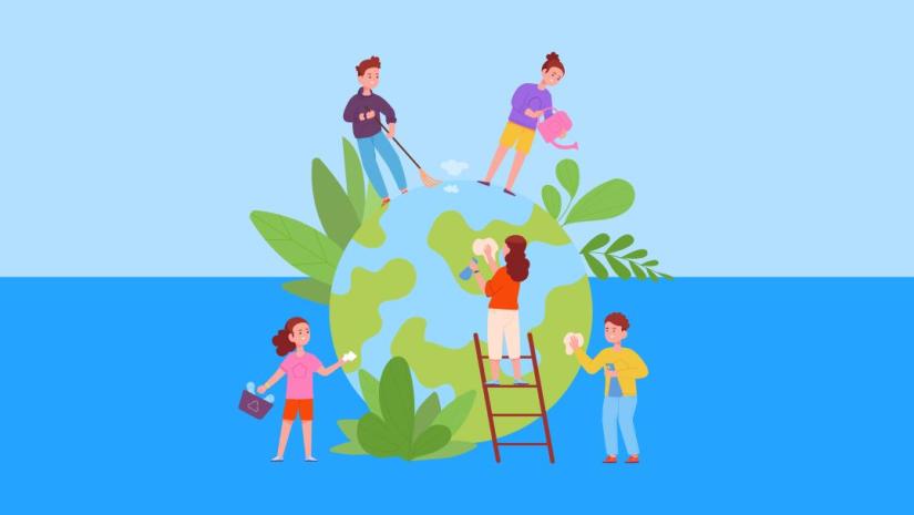 A graphic of children tidying up the earth.